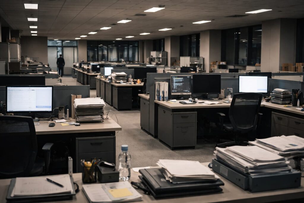 AIツールはあるが業務効率化が進んでいない雑然としたオフィスの様子