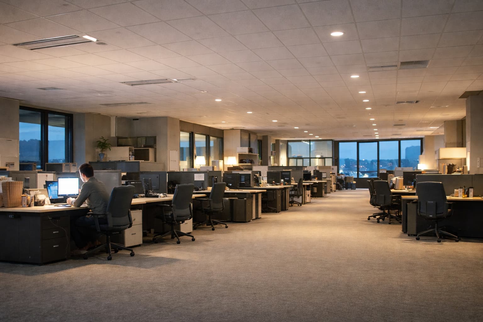 AIを活用する管理職がオフィスで作業に追われて疲れを感じている様子
