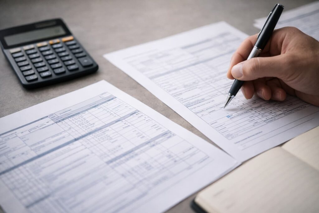 Activity Reportの数字を確認し計算している手元の様子
