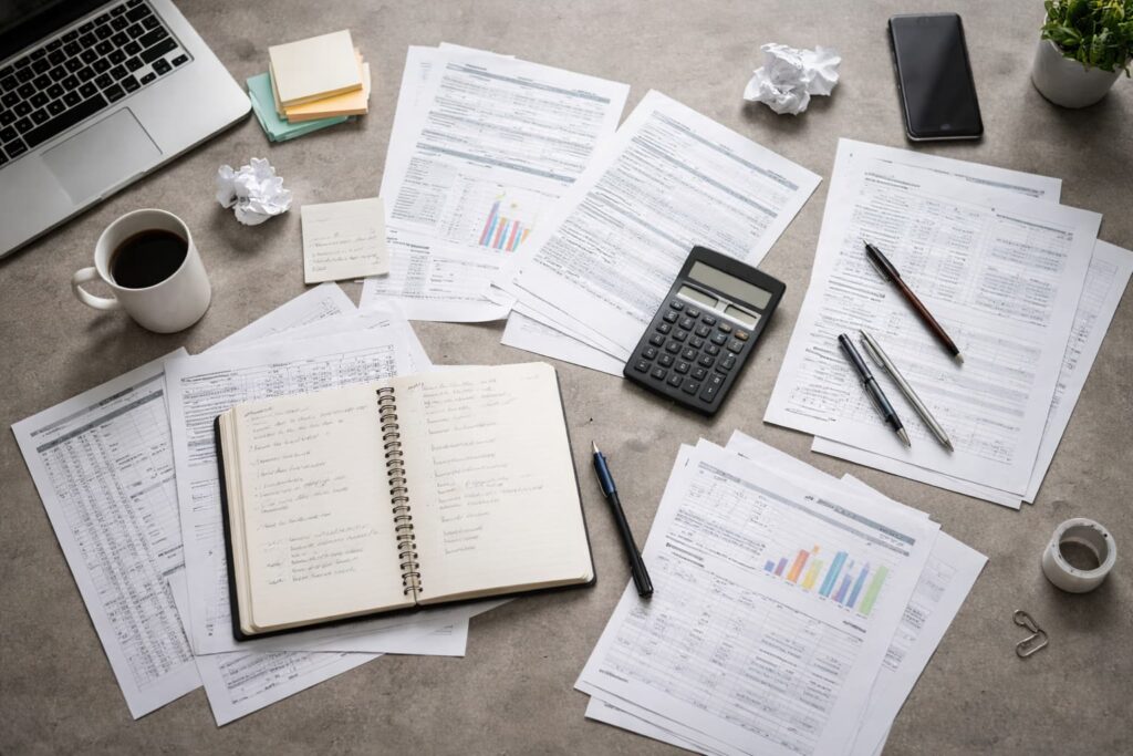 RSU申告の資料とメモが広がる整理前の机上
