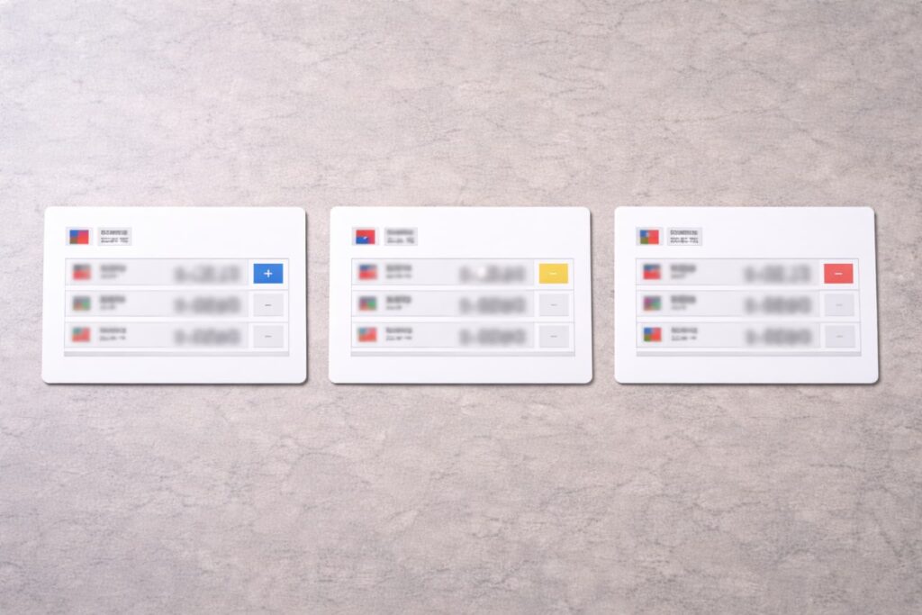 為替レートの違いを比較する三分割構図
