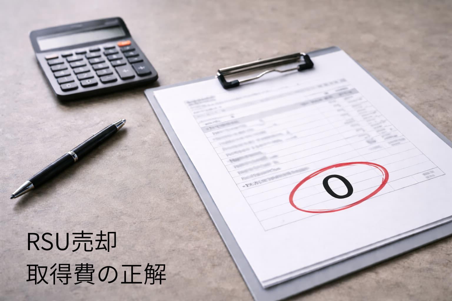 取得費0円の違和感を示す電卓と書類の構図